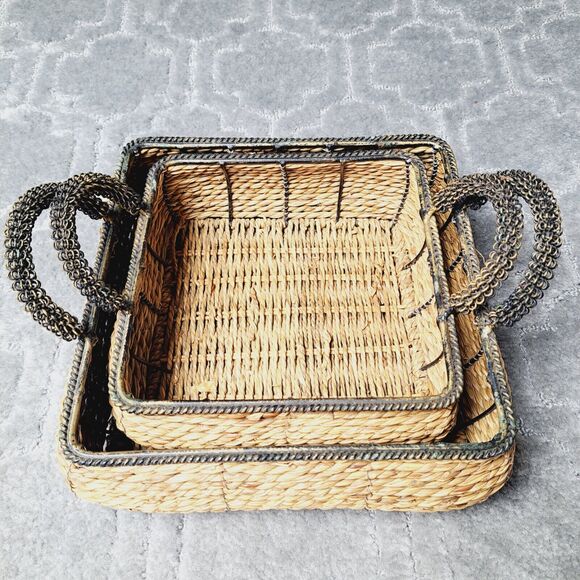 Square Wicker Nesting Baskets LOT OF 2 BLACK METAL HANDLES TRIM rustic cottage - Picture 1 of 11